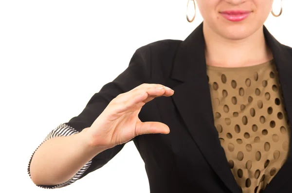 Young businesswoman holding empty space in her hand — Stock Photo, Image