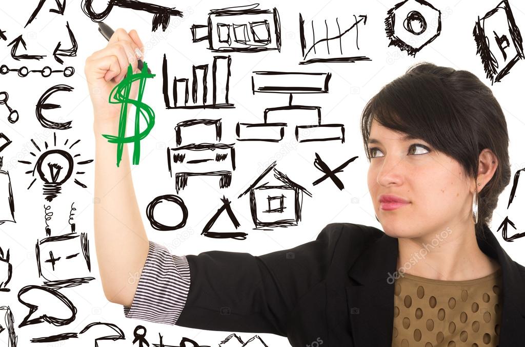 young beautiful woman drawing money symbol with marker