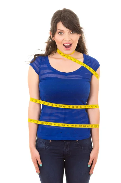 Young girl with measuring tape around her body — Stock Photo, Image