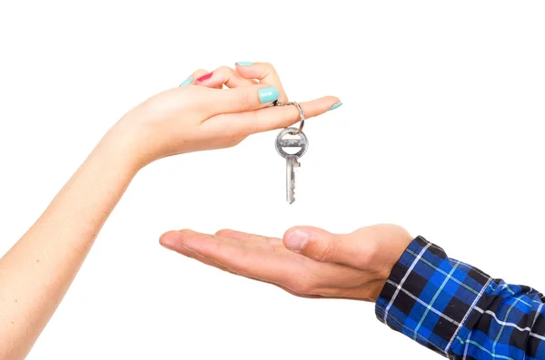 Closeup hands handing over key concept of buying deal sale realtor — Stock Photo, Image