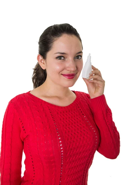 Beautiful young woman holding eye drop bottle — Stock Photo, Image