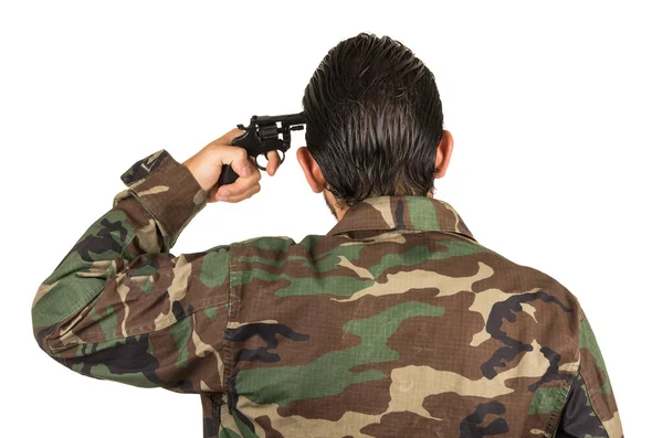 Distraught military soldier veteran ptsd holding a gun — Stock Photo, Image