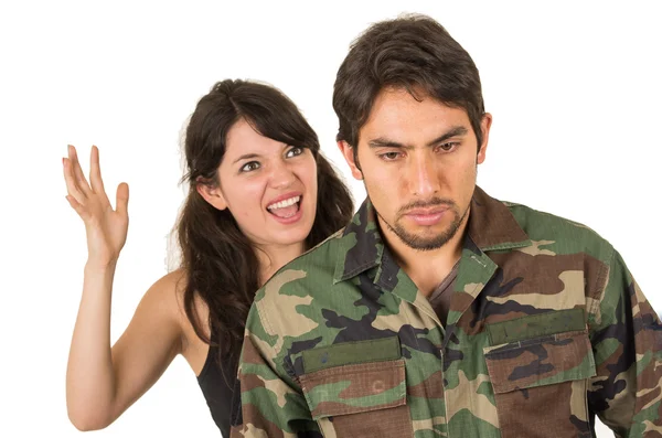 Distraught military soldier veteran ptsd fighting with wife — Stock Photo, Image