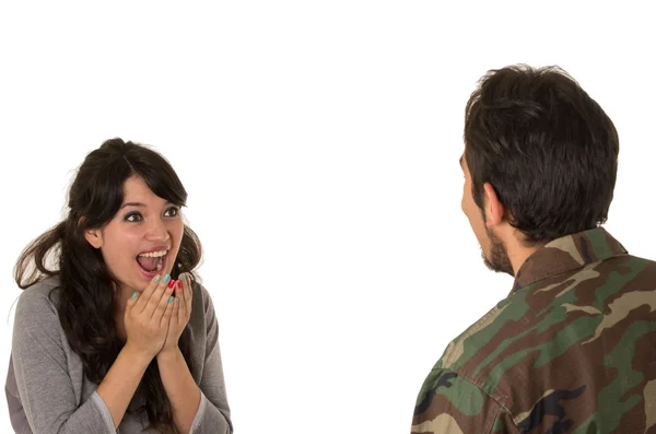 Young military soldier returns to meet his wife girlfriend — Stock Photo, Image