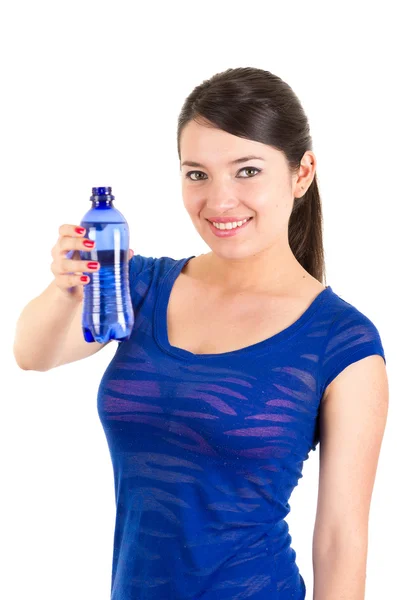 Beautiful young girl holding blue water bottle — Stock Photo, Image