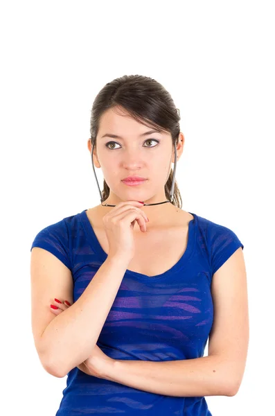 Beautiful young brunette latin girl holding glasses posing — Stock Photo, Image