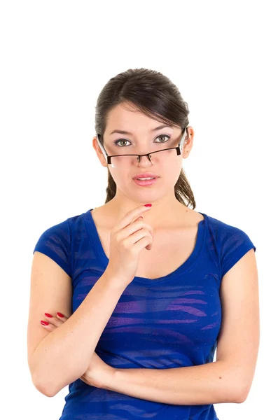 Beautiful young brunette latin girl wearing glasses posing — Stock Photo, Image