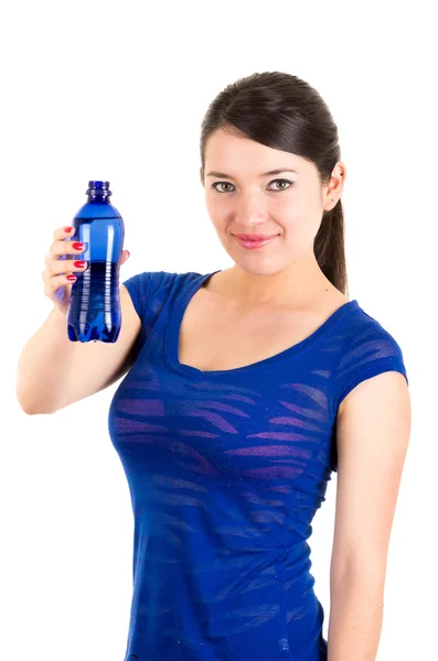 Beautiful young girl holding blue water bottle — Stock Photo, Image