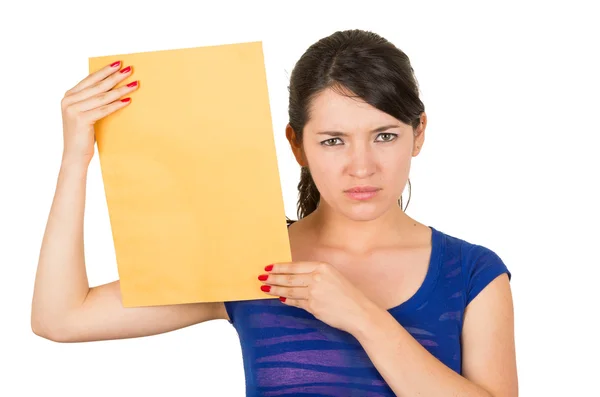 Beautiful young woman holding yellow blank sign card — Stock Photo, Image