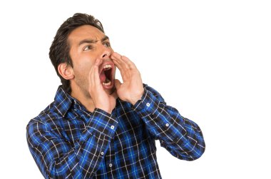 Mavi ekose gömlek poz çığlık giyen genç yakışıklı adam