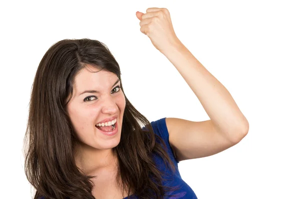 Closeup portrait of beautiful young girl posing gesturing winning — Stock Photo, Image
