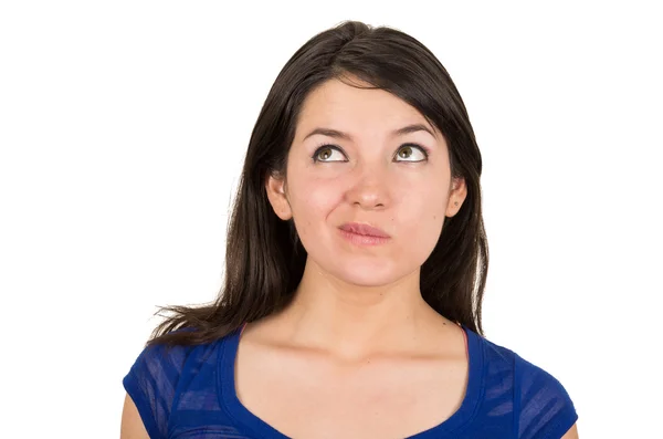 Closeup portrait of beautiful young girl posing looking up thinking — Stock Photo, Image