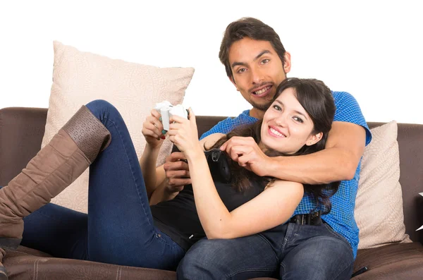 Young cute couple playing video games — Stock Photo, Image