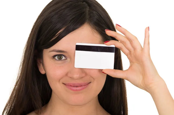 Closeup beautiful young woman holding credit card — Stock Photo, Image