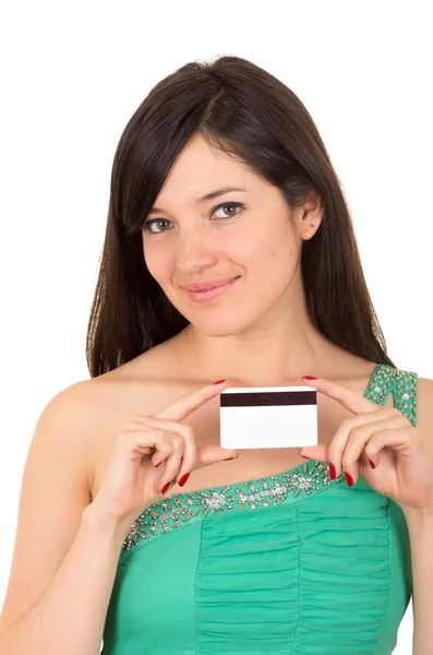 Closeup beautiful young woman holding credit card Royalty Free Stock Images