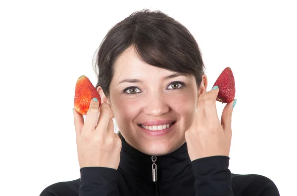 Closeup portrait young girl holding red strawberries — Stock Photo, Image