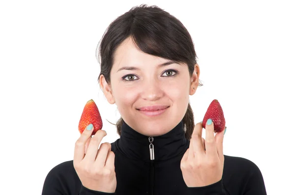 Closeup portrait young girl holding red strawberries — Stock Photo, Image