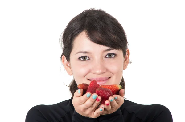 Closeup portrait young girl holding red strawberries — Stock Photo, Image