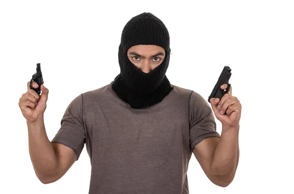 Mannelijke dief masker dragen en houden geweren geïsoleerd — Stockfoto