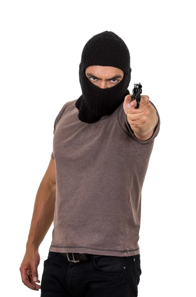 Ladro maschio indossando maschera e tenendo pistola isolato — Foto Stock