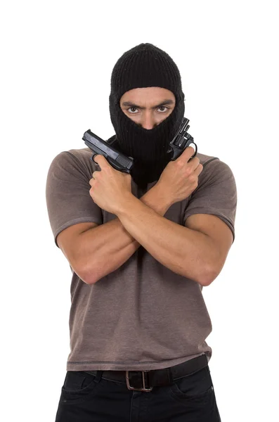 Male thief wearing mask and holding guns isolated — Stock Photo, Image