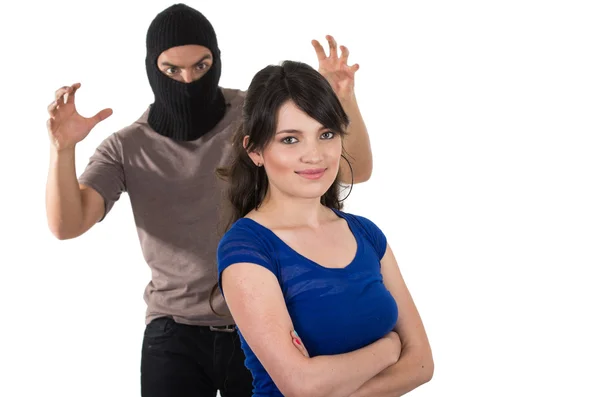 Male thief robbing beautiful young girl — Stock Photo, Image