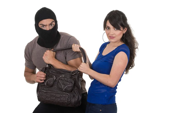 Male thief robbing beautiful young girl — Stock Photo, Image