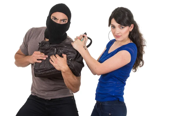 Male thief robbing beautiful young girl — Stock Photo, Image