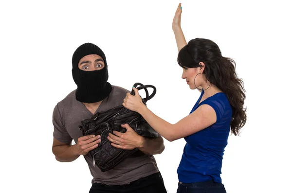 Male thief robbing beautiful young girl — Stock Photo, Image