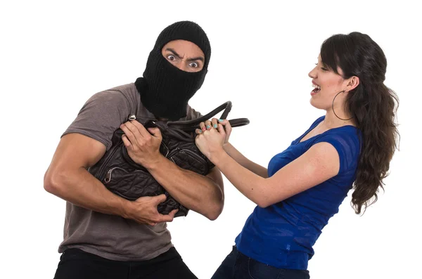 Male thief robbing beautiful young girl — Stock Photo, Image