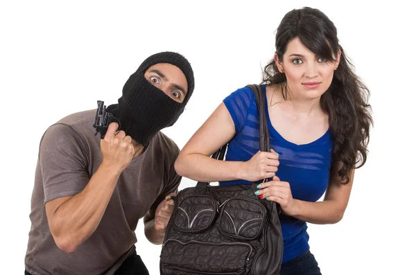 Male thief robbing beautiful young girl — Stock Photo, Image