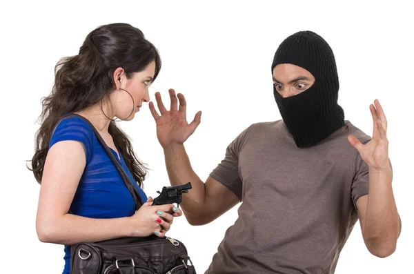 Male thief robbing beautiful young girl — Stock Photo, Image