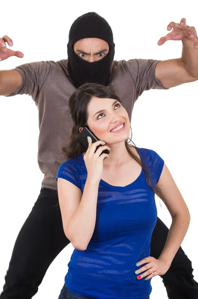 Masked male thief robbing beautiful young girl — Stock Photo, Image