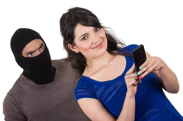 Masked male thief robbing beautiful young girl — Stock Photo, Image