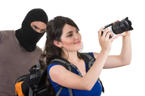 Masked male thief robbing beautiful young girl — Stock Photo, Image