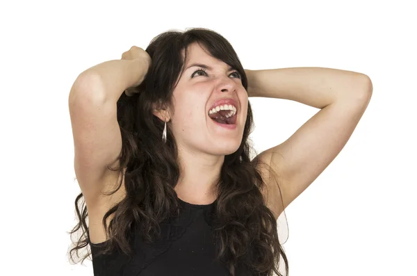 Beautiful young brunette woman with black top posing holding hair gesturing anger disappointment — Stock Photo, Image