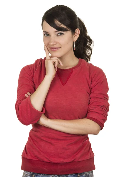 Hübsches junges Mädchen mit rotem Top posiert kokett — Stockfoto