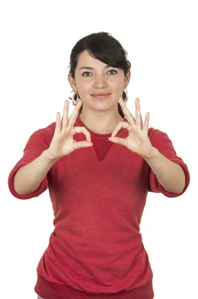 Vrij jong meisje dragen rode top poseren gebaren oke — Stockfoto