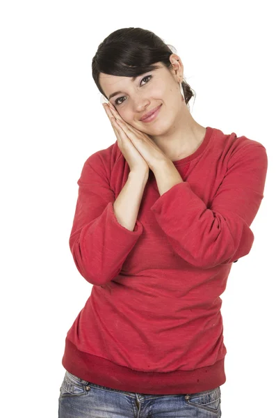 Menina bonita vestindo top vermelho posando gesticulando dormir — Fotografia de Stock