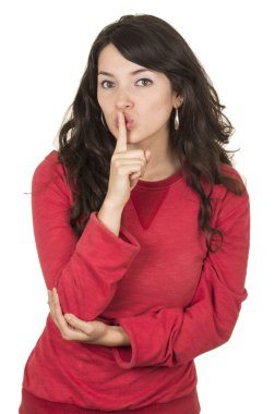 kırmızı üst el sessizlik poz giyen genç ve güzel kız