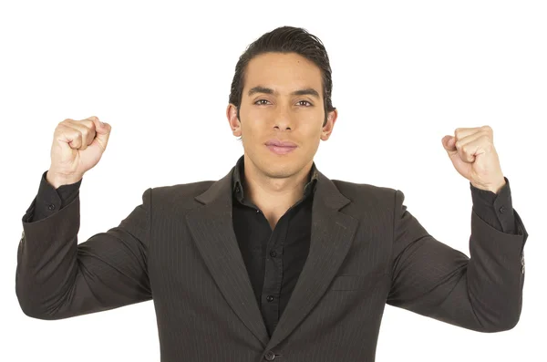 Handsome young man wearing a suit posing with fists up — Stock Photo, Image