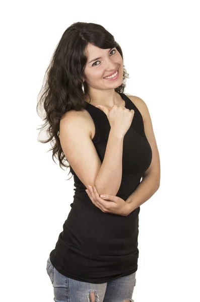 Piękna młoda kobieta brunetka, ubrana w czarny top pozowanie z kciukiem do — Zdjęcie stockowe