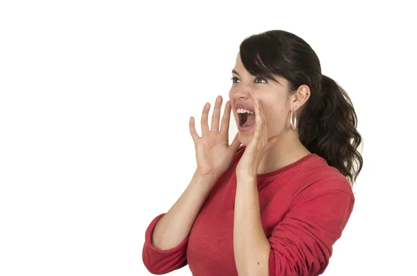 Pretty young girl wearing red top posing screaming — Stock Photo, Image