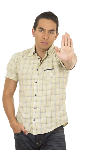 Jovem bonito hispânico homem posando gestos parar — Fotografia de Stock