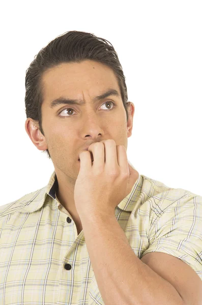 Young handsome hispanic man posing scared covering mouth — Stock Photo, Image