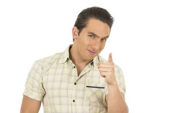 Young handsome hispanic man posing ponting to the camera — Stock Photo, Image