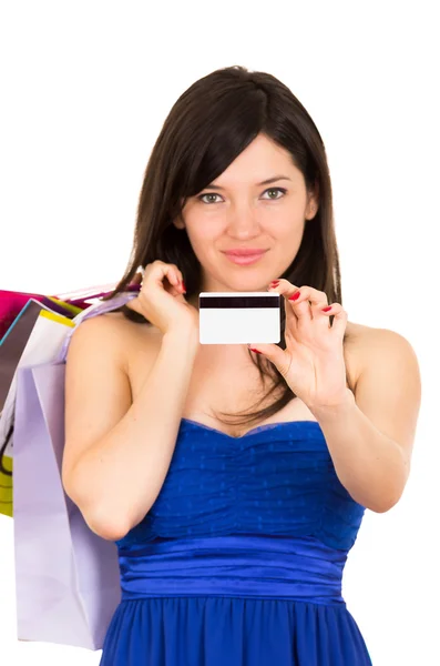 Hermosa joven morena sonriente mujer compras celebración bolsas —  Fotos de Stock