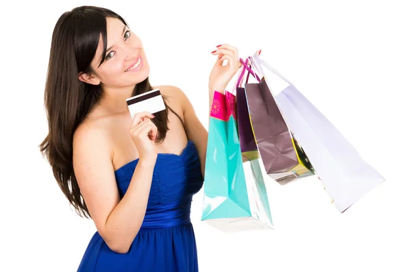 Frumos tineri bruneta zâmbitor femeie shopping holding saci — Fotografie, imagine de stoc