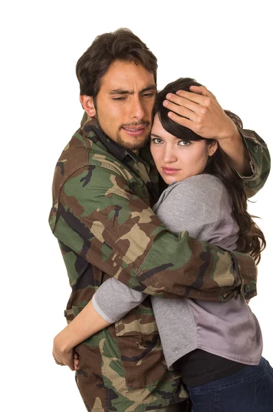 Young woman and soldier in military uniform say goodbye deployment — Stock Photo, Image