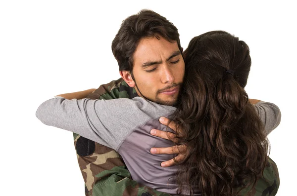 Young woman and soldier in military uniform say goodbye deployment — Stock Photo, Image